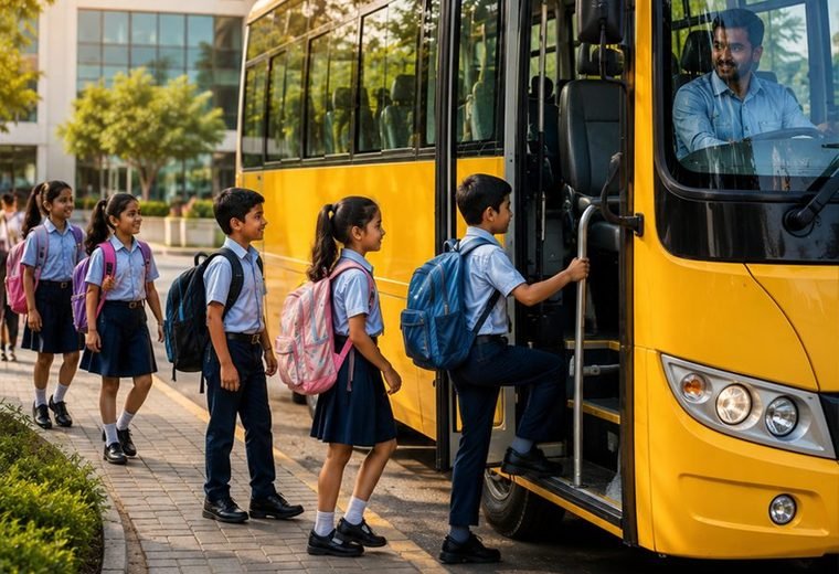 Schoolchildren boarding a BTT Travels school bus