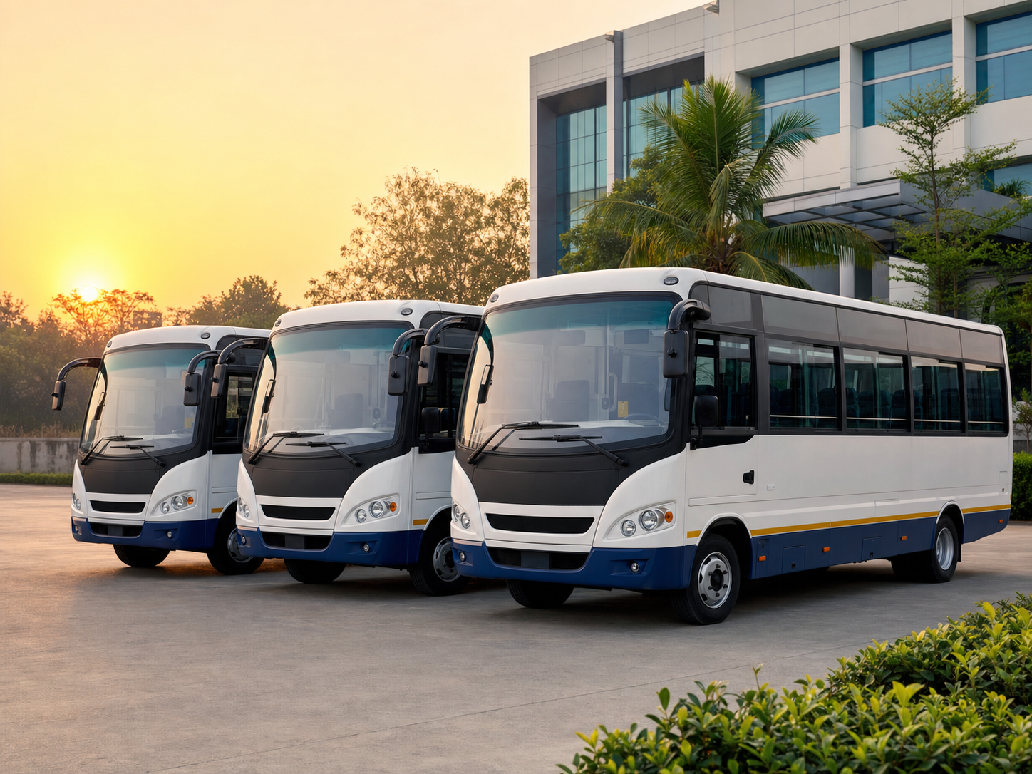 Modern corporate shuttle fleet at dusk