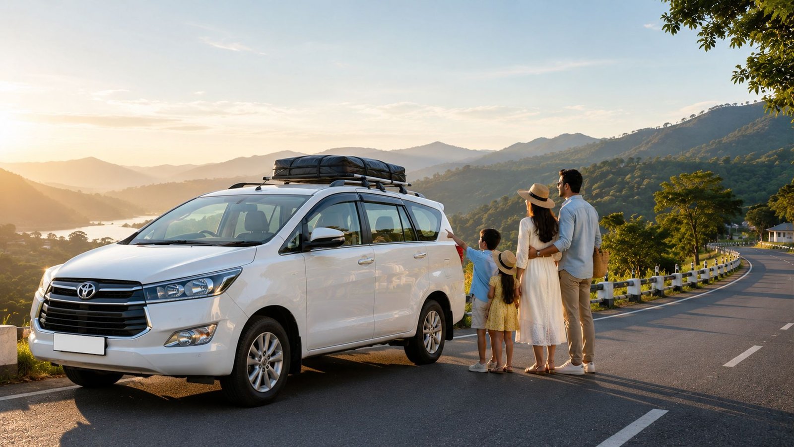 A family beside a BTT Travels vehicle on a hill road at sunrise