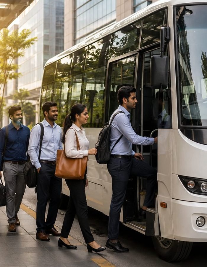 Employees boarding a BTT Travels shuttle at a corporate campus