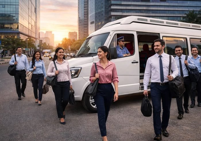 Staff boarding a BTT Travels Tempo Traveller with the driver at the wheel