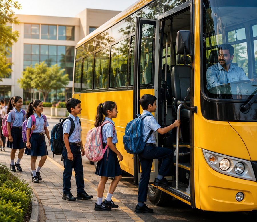 Schoolchildren boarding a BTT Travels school bus