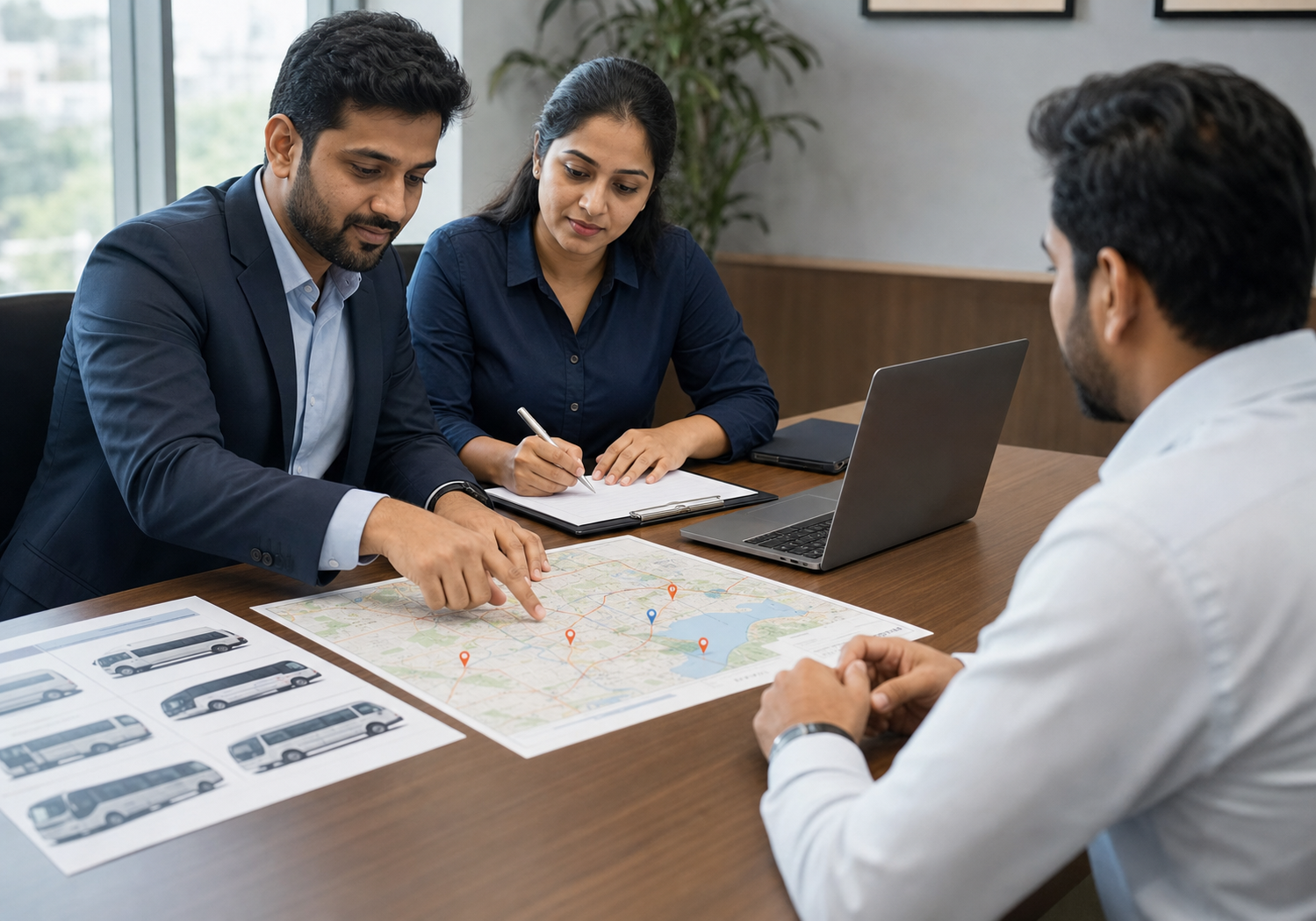 Transport planners reviewing routes, pickup points and vehicle requirements with a client